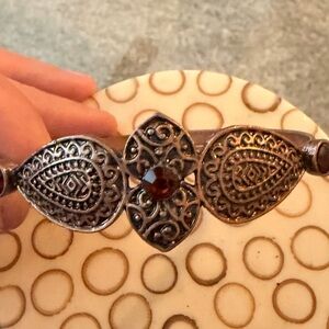 Antique-Style copper Tone Filigree Bracelet with Red Stone
